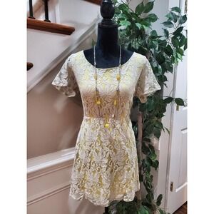 Glam Yellow Lace Overlay Floral Cotton Keyhole Back Knee Length Dress Medium